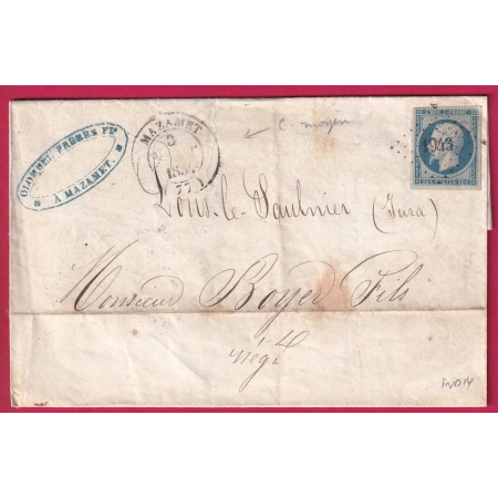 N°14 PC 1943 + CAD TYPE 14 MAZAMET TARN 3 AOUT 1854 LONS LE SAULNIER JURA LETTRE COVER FRANCE