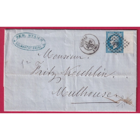 N°14 TTB GRAND BORD DE FEUILLE PC 908 COLMAR HAUT RHIN POUR MULHOUSE LETTRE COVER FRANCE