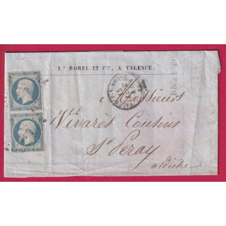 N°14 PAIRE BLEU LAITEUX PC VALENCE SUR RHONE DROME POUR ST PERAY ARDECHE TYPE 14 ARRIVE 15 SEPT 1854 LETTRE COVER FRANCE