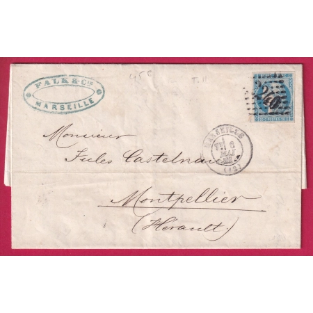 N°46B BLEU CLAIR TTB GC 2240 MARSEILLE POUR MONTPELLIER HERAULT LETTRE COVER FRANCE
