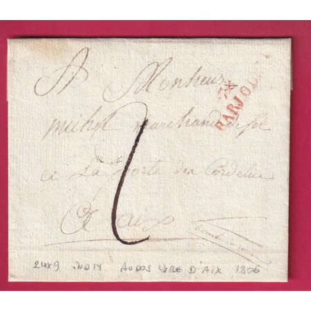 MARQUE 78 BARJOLS VAR EN ROUGE AU DOS LYRE D'AIX EN ARRIVE BOUCHES DU RHONE 1806 LETTRE COVER FRANCE