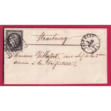 N°3 TTB GRILLE SARRALBE MOSELLE 2 AVRIL 1850 POUR STRASBOURG BAS RHIN LETTRE COVER FRANCE