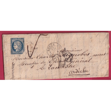 N°4 PC 2738 ROUEN SEINE INFERIEURE TAXE TAMPON 25C LAMASTRE ARDECHE 1852 LETTRE COVER FRANCE