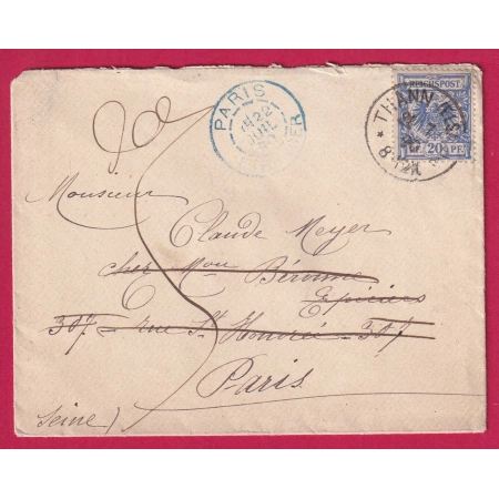 ALSACE LORRAINE THAN HAUT RHIN 1890 PARIS ETRANGER EN BLEU CACHET FACTEUR AU DOS LETTRE COVER FRANCE