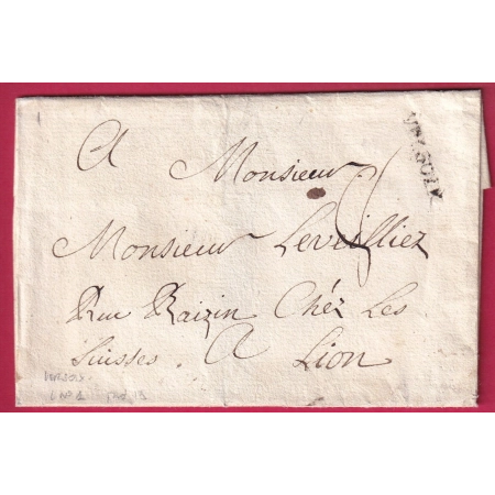 MARQUE A SEC VERSOIX AIN SUISSE LENAIN N°1A INDICE 18 DATE DE FERNEY 1743 POUR LYON LETTRE COVER FRANCE