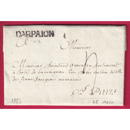 MARQUE ARPAJON SEINE ET OISE LENAIN N°2 1783 POUR PARIS LETTRE COVER FRANCE