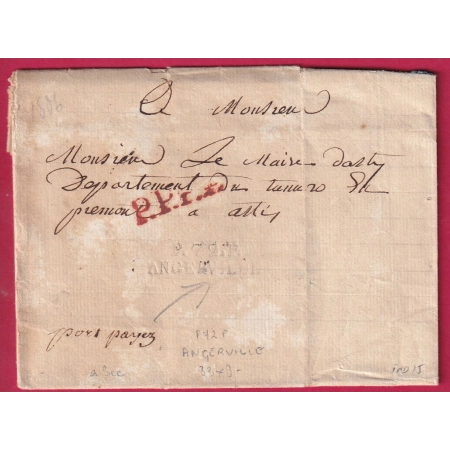 MARQUE P72P ANGERVILLE SEINE ET OISE A SEC 1806 TEXTE MERREVILLE INDICE 15 LETTRE COVER FRANCE