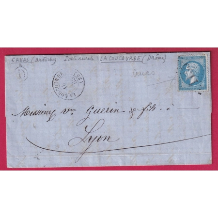 N°22 GC 1155 LA COUCOURDE DROME BOITE RURALE D CRUAS POUR LYON LETTRE COVER FRANCE