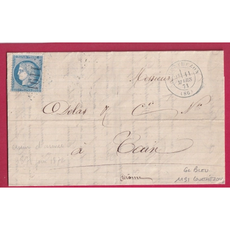 N°60 GC EN BLEU 1191 COURTHEZON VAUCLUSE ERREUR DE DATE 1871 AU LIEU DE 1872 POUR TAIN DROME LETTRE COVER FRANCE