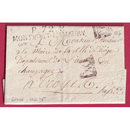 MARQUE P72P MONTFORT L'AMAURY SEINE ET OISE 1827 60X10 INDICE 15 PORT VERIFIE LETTRE COVER FRANCE