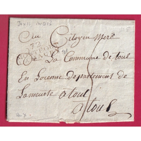 MARQUE EN ROUGE 72 MONTFORT L'AMAURY SEINE ET OISE AN10 1802 INDICE 13 TOUL MEURTHE LETTRE COVER FRANCE