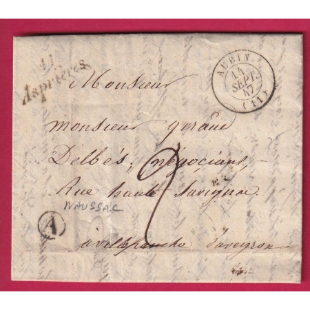 CURSIVE 11 ASPRIERES AVEYRON T15 AUBIN BOITE RURALE A NAUSSAC POUR VILLEFRANCHE 1847 LETTRE COVER FRANCE