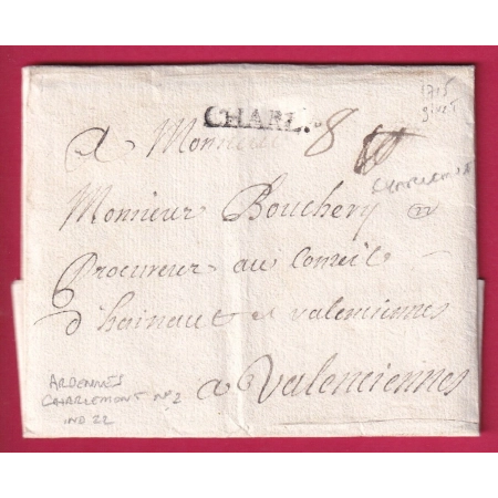 MARQUE CHARL. CHARLEMONT ARDENNES 1715 LENAIN N°2 INDICE 22 TEXTE DE GIVET VALENCIENNES A SEC AU DOS LETTRE COVER FRANCE