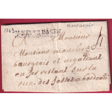 MARQUE VILLENEUVE D'AGEN LOT ET GARONNE LENAIN N°3 TEXTE MONFLANQUIN 1769 POUR BORDEAUX LETTRE COVER FRANCE