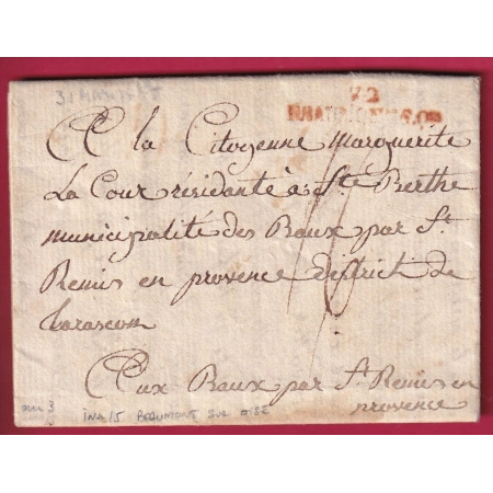 MARQUE 72 BEAUMONT SUR OISE SEINE ET OISE EN ROUGE AN3 1795 INDICE 15 BAUX DE PROVENCE LETTRE COVER FRANCE