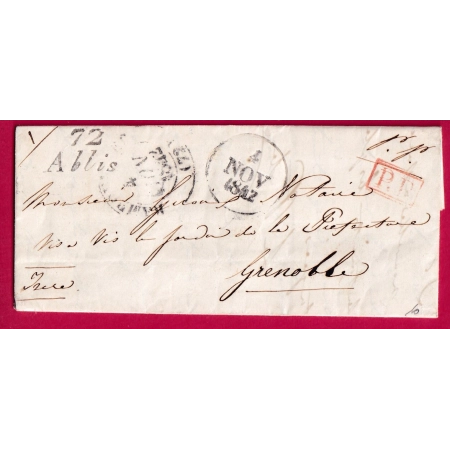 CURSIVE 72 ABLIS + PP ROUGE SEINE ET OISE 1842 POUR GRENOBLE ISERE LETTRE COVER FRANCE