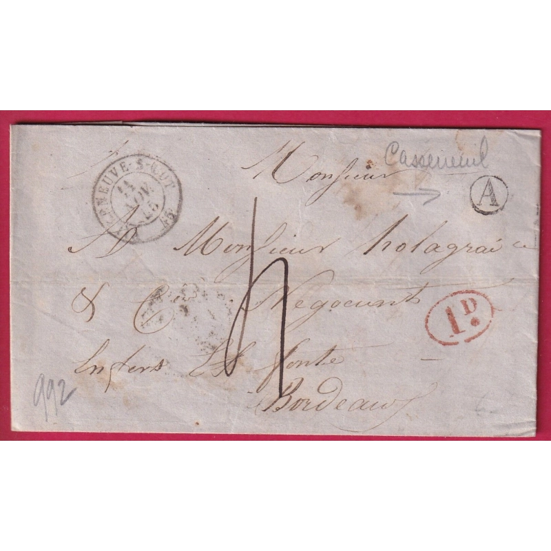 CAD TYPE 15 VILLENEUVE SUR LOT ET GARONNE BOITE RURALE A CASSENEUIL + DECIME RURAL POUR BORDEAUX LETTRE COVER FRANCE