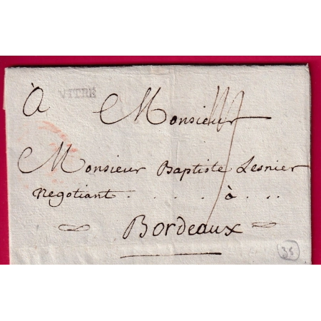 MARQUE VITRE ILLE ET VILAINE LENAIN N°3 1783 POUR BORDEAUX INDICE 12 LETTRE FRANCE