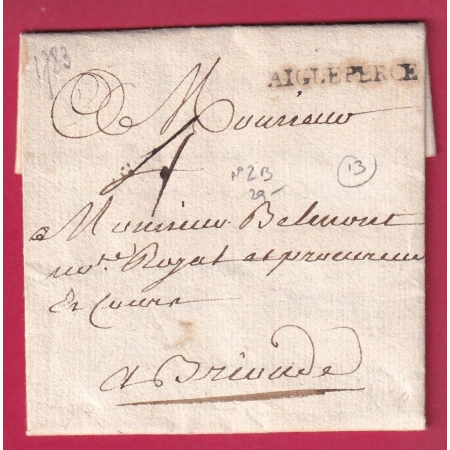 MARQUE AIGUEPERSE PUY DE DOME LENAIN N°2B INDICE 13 POUR BRIOUDE 1783 LETTRE COVER FRANCE