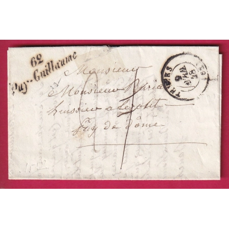 CURSIVE 62 PUY GUILLAUME PUY DE DOME T15 THIERS POUR LEZOUX TAXE LOCALE 1 MODIFIE 2 LETTRE COVER FRANCE