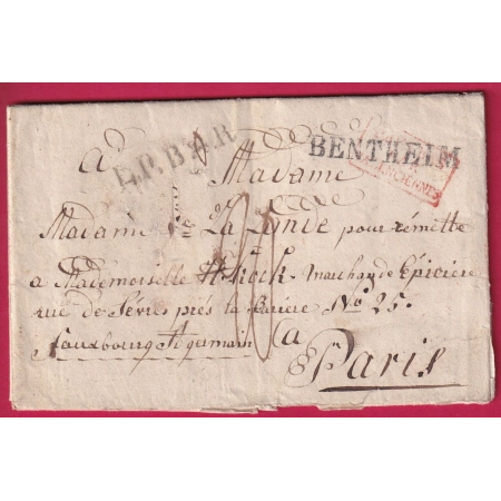 MARQUE BENTHEIM ALLEMAGNE MARQUE ENTREE LPB4R PAYS BAS PAR VALENCIENNES POUR PARIS 1827 LETTRE COVER FRANCE