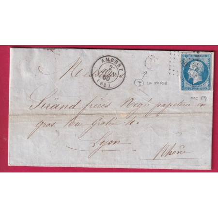 N°14 PC 59 AMBERT PUY DE DOME BOITE RURALE SUPPLEMENTAIRE D2 LA FORIE POUR LYON LETTRE COVER FRANCE