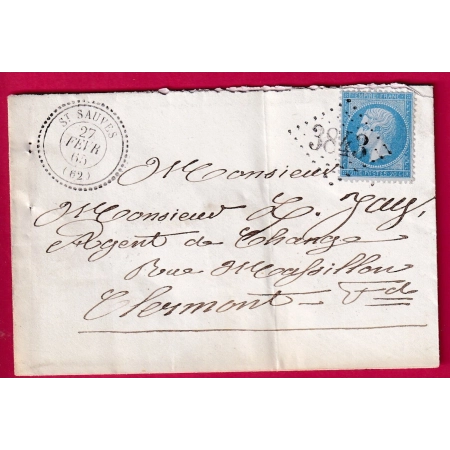 N°14 PC 3843 ST SAUVES PUY DE DOME CAD TYPE 22 POUR CLERMONT FERRAND LETTRE COVER FRANCE