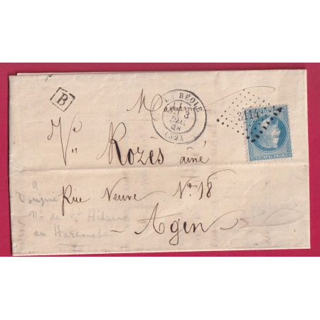N°29 PC DU GC 3114 LA REOLE GIRONDE BOITE URBAINE B POUR AGEN LOT ET GARONNE 1868 LETTRE COVER FRANCE