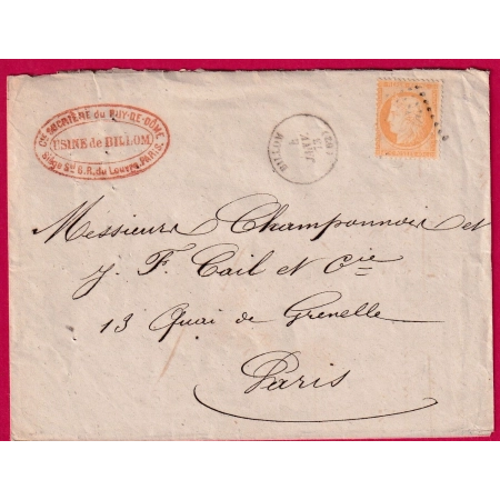 N°38 GC BILLOM PUY DE DOME CAD TYPE 16 POUR PARIS 1873 LETTRE COVER FRANCE
