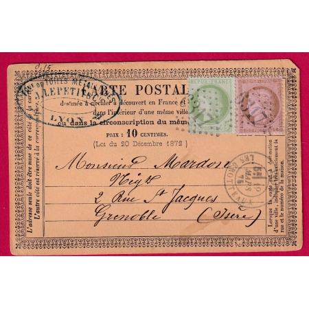 N°53 58 GC 6317 LYON LES BROTTEAUX CARTE PRECURSEUR POUR GRENOBLE ISERE LETTRE COVER FRANCE