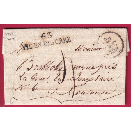 MARQUE 63 VIC EN BIGORRE HAUTES PYRENEES 1829 POUR TOULOUSE LETTRE COVER FRANCE