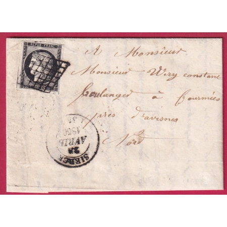 N°3 NOIR SUR BLANC TTB CAD TYPE 14 SIERCK MOSELLE AU DOS AMBULANT LIGNE DE QUIEVRAIN AVESNES NORD LETTRE COVER FRANCE