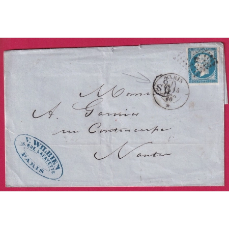N°14 PARIS DS2 DANS UN CERCLE CAD PARIS D * D POUR NANTES LOIRE INFERIEURE 1860 LETTRE COVER FRANCE