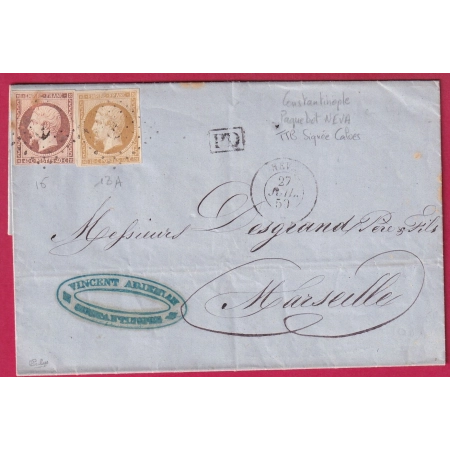N°13 16 OBLITERATION ANCRE PAQUEBOT POSTE NEVA CONSTANTINOPLE 1859 POUR MARSEILLE SIGNE CALVES LETTRE COVER FRANCE
