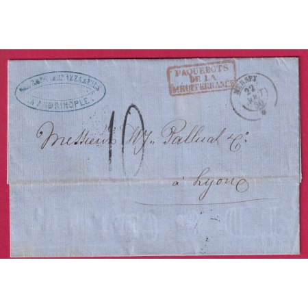 PAQUEBOT POSTE MERSEY ANDRINOPLE 1860 POUR LYON ERDINE TURQUIE TURKEY LETTRE COVER FRANCE