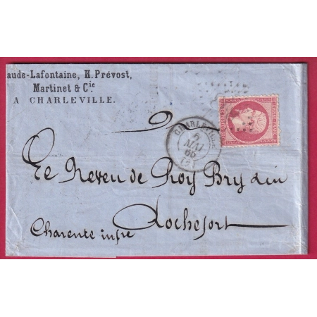 N°24 GC 898 CHARLEVILLE BANQUE LAFONTAINE POUR ROCHEFORT CHARENTE INFERIEURE LETTRE COVER FRANCE