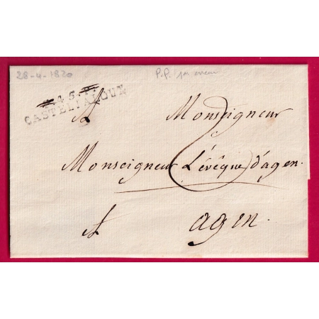 MARQUE P45P PP PAR ERREUR CASTELJALLOUX LOT ET GARONNE 1820 POUR AGEN CURIOSITE LETTRE COVER FRANCE
