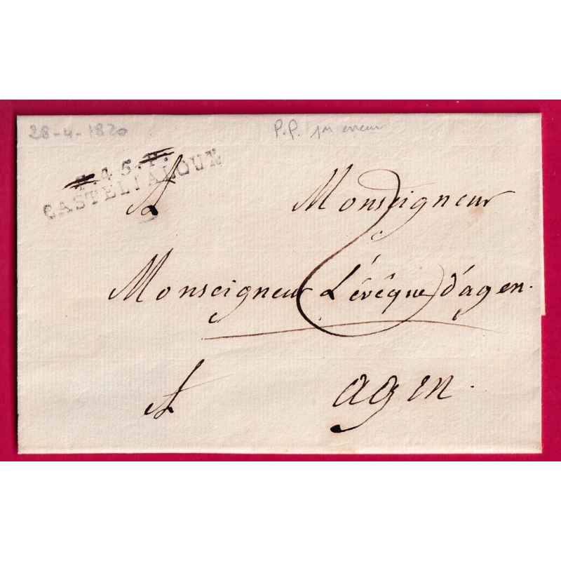 MARQUE P45P PP PAR ERREUR CASTELJALLOUX LOT ET GARONNE 1820 POUR AGEN CURIOSITE LETTRE COVER FRANCE