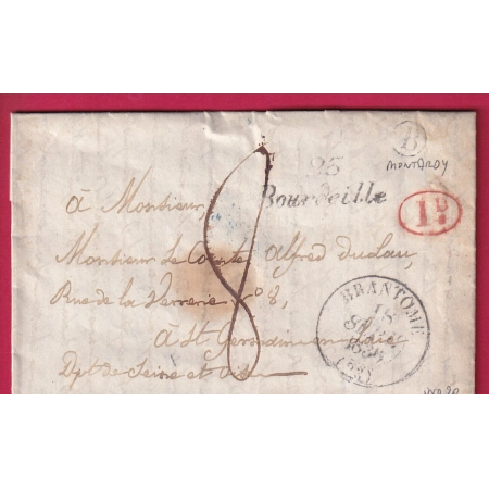 CURSIVE 23 BOURDEILLE DORDOGNE T13 BRANTOME BOITE RURALE B MONTARDY ST GERMAIN EN LAYE VIA PARIS 1836 LETTRE FRANCE