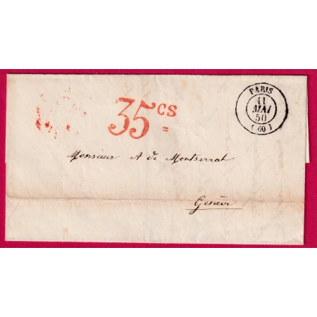 CAD PARIS 1850 TAXE TAMPON 35CS ROUGE POUR GENEVE SUISSE LETTRE COVER FRANCE