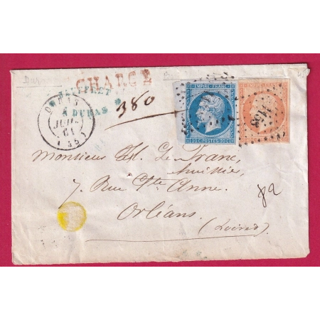 N°14 BDF + N°16 PC 1153 DURAS LOT ET GARONNE POUR ORLEANS DEVANT DE LETTRE AVEC RABAT CHARGEMENT COVER FRANCE