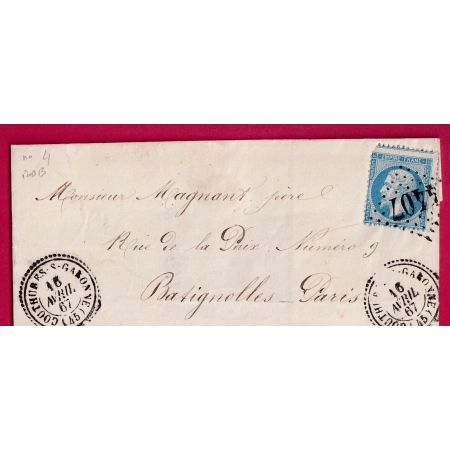 N°22 GC 4407 COUTHURES SUR GARONNE LOT ET GARONNE CAD TYPE 22 POUR PARIS LES BATIGNOLLES 1867 LETTRE COVER FRANCE