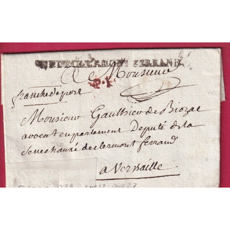 MARQUE DE PORT PAYE CLERMONT FERRAND PUY DE DOME LENAIN N°12 1789 INDICE 28 1789 POUR VERSAILLES LETTRE COVER FRANCE