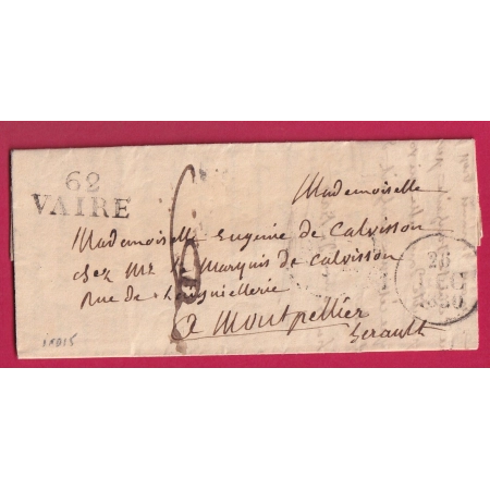 MARQUE 62 VAIRE PUY DE DOME 1830 POUR MONTPELLIER HERAULT INDICE 15 LETTRE COVER FRANCE