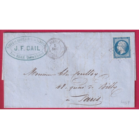 N°14 PC 4037 GIZEUX INDRE ET LOIRE CAD TYPE 22 POUR PARIS INDICE 19 LETTRE COVER FRANCE