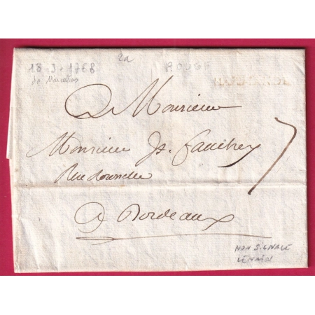 MARQUE MARMANDE EN ROUGE LOT ET GARONNE LENAIN N°2 NON SIGNALE EN ROUGE 1768 POUR BORDEAUX LETTRE COVER FRANCE