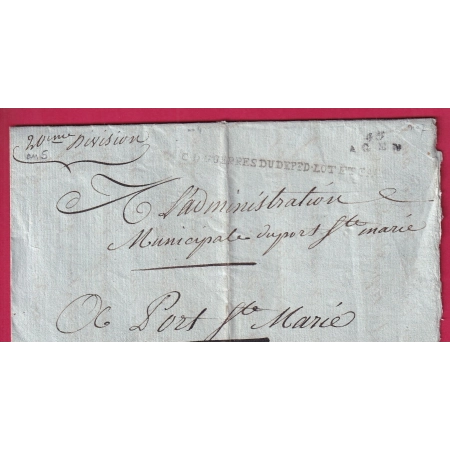 GUERRE 1870 FRANCHISE COMMISSAIRE GUERRES LOT ET GARONNE AGEN GENDARMERIE AN5 1797 PORT STE MARIE LETTRE COVER FRANCE