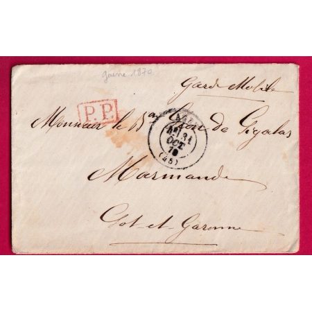 GUERRE 1870 GARDE MOBILE AGEN LOT ET GARONNE 31 OCT 1870 POUR MARMANDE LETTRE COVER FRANCE