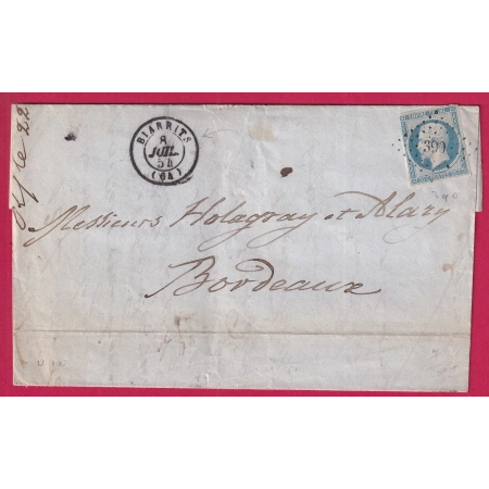 N°14 BLEU LAITEUX DU 8 JUILLET 1854 BIARRITZ PC 390 POUR BORDEAUX LETTRE COVER FRANCE