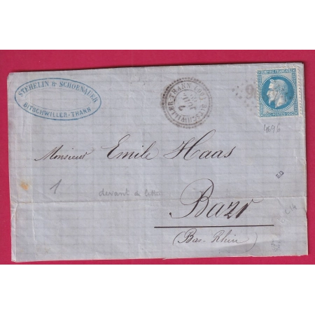 N°29 GC 4696 BITSCHWILLER THANN CAD TYPE 22 POUR BARR DEVANT DE LETTRE COVER FRANCE